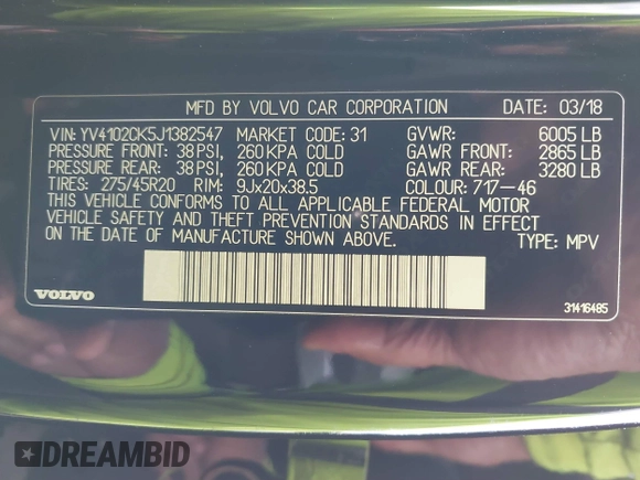 2018 Volvo XC90 Momentum with VIN YV4102CK5J1382547, listed as a IAAI auction lot 41288483 with 117,186 mi miles and . Bid and sale history available at DreamBid. Image 9.