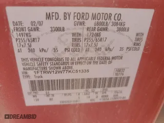 2007 Ford F-150 XLT with VIN 1FTRW12W77KC51335, listed as a Copart auction lot 53702195 with 1,887,635 mi miles and Salvage Title. Bid and sale history available at carsss.com. Image 12.