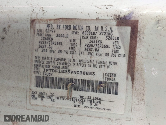 1997 Ford F-150 with VIN 1FTDF1825VNC38853, listed as a IAAI auction lot 41436001 with Not provided miles and . Bid and sale history available at DreamBid. Image 9.