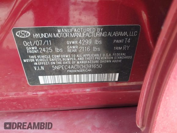 2012 Hyundai Sonata Limited z VIN 5NPEC4AC1CH391650, wystawiony jako IAAI lot #40964825 z przebiegiem 82 429 mil mil oraz . Historia ofert i sprzedaży dostępna na DreamBid. Obrazek 9.