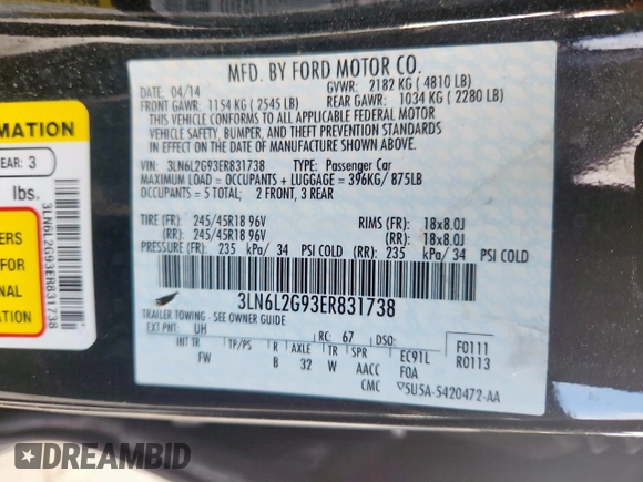 2014 Lincoln MKZ с VIN 3LN6L2G93ER831738, выставлен на аукционе Copart как лот 62530905 с пробегом 176 565 миль миль и Списание • Salvage title. История ставок и продаж доступна на DreamBid. Изображение 13.