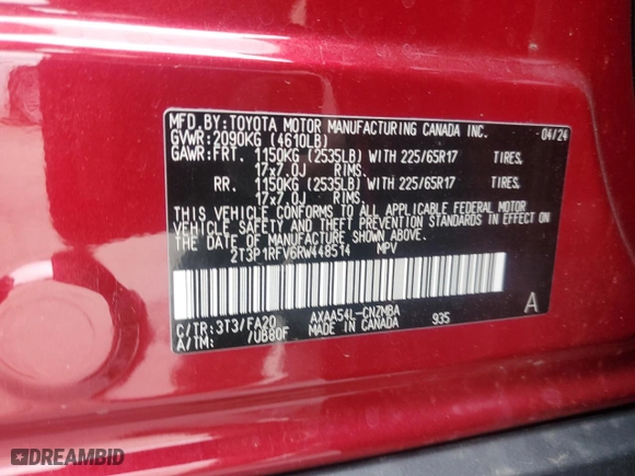 2024 Toyota RAV4 XLE with VIN 2T3P1RFV6RW448514, listed as a Copart auction lot 50382405 with 6,354 mi miles and Salvage Title. Bid and sale history available at carsss.com. Image 14.
