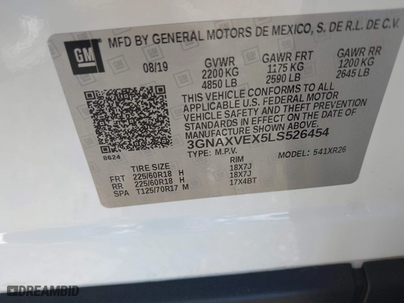 2020 Chevrolet Equinox LT with VIN 3GNAXVEX5LS526454, listed as a IAAI auction lot 41160944 with 37,971 mi miles. Bid and sale history available at carsss.com. Image 9.
