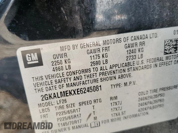 2014 GMC Terrain SLE with VIN 2GKALMEKXE6245081, listed as a Copart auction lot 59123325 with 172,858 mi miles and Salvage title. Bid and sale history available at DreamBid. Image 13.