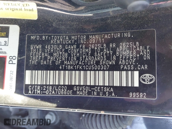 2012 Toyota Camry SE with VIN 4T1BK1FK1CU500307, listed as a IAAI auction lot 41267919 with 159,889 mi miles. Bid and sale history available at carsss.com. Image 9.