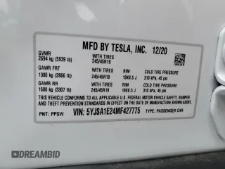 2021 Tesla Model S Long Range Plus z VIN 5YJSA1E24MF427775, wystawiony jako Copart lot #48431165 z przebiegiem 15 801 mil mil oraz Szkoda całkowita • Salvage title. Historia ofert i sprzedaży dostępna na DreamBid. Obrazek 13.