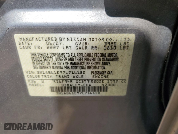 2007 Nissan Sentra S with VIN 3N1AB61E97L716150, listed as a Copart auction lot 62425785 with 116,833 mi miles and Clean title. Bid and sale history available at DreamBid. Image 12.