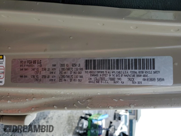 2020 Jeep Gladiator Rubicon with VIN 1C6JJTBG5LL178882, listed as a Copart auction lot 47971205 with 102,757 mi miles and Salvage Title. Bid and sale history available at DreamBid. Image 12.