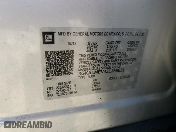 2018 GMC Terrain SLE with VIN 3GKALMEV4JL356631, listed as a Copart auction lot 83968864 with 0 mi miles and Salvage Title. Bid and sale history available at carsss.com. Image 13.