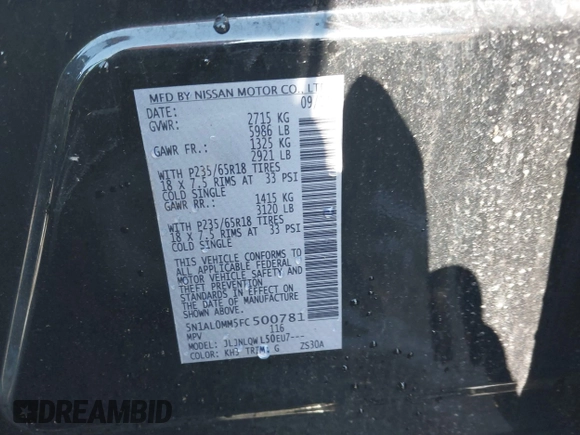 2015 Infiniti QX60 with VIN 5N1AL0MM5FC500781, listed as a IAAI auction lot 41850668 with 104,811 mi miles. Bid and sale history available at carsss.com. Image 9.