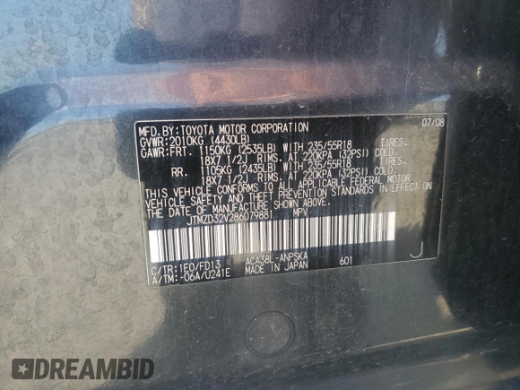 2008 Toyota RAV4 Sport z VIN JTMZD32V286079881, wystawiony jako Copart lot #53948995 z przebiegiem 174 991 mil mil oraz Szkoda całkowita • Salvage title. Historia ofert i sprzedaży dostępna na DreamBid. Obrazek 13.