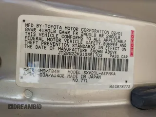 2001 Toyota Camry CE with VIN JT2BG22K910581703, listed as a IAAI auction lot 42020085 with 107,035 mi miles. Bid and sale history available at carsss.com. Image 9.