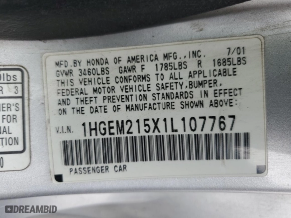 2001 Honda Civic LX with VIN 1HGEM215X1L107767, listed as a Copart auction lot 53403005 with 212,274 mi miles and Salvage Title. Bid and sale history available at carsss.com. Image 15.
