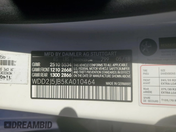 2019 Mercedes-Benz CLS 450 with VIN WDD2J5JB5KA010464, listed as a Copart auction lot 46173895 with 62,854 mi miles and Salvage title. Bid and sale history available at DreamBid. Image 12.