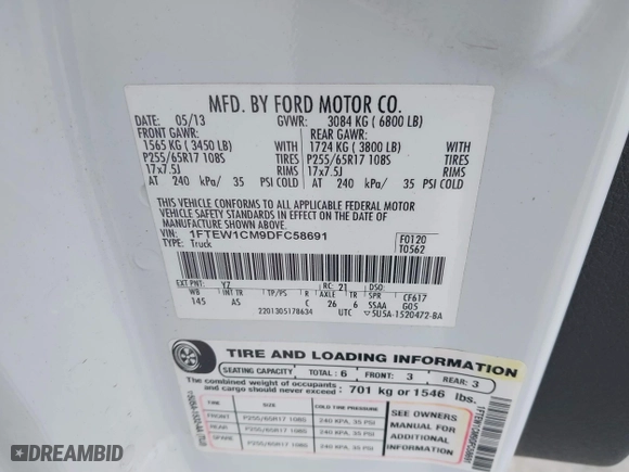 2013 Ford F-150 XL with VIN 1FTEW1CM9DFC58691, listed as a IAAI auction lot 41413917 with 134,597 mi miles. Bid and sale history available at carsss.com. Image 9.