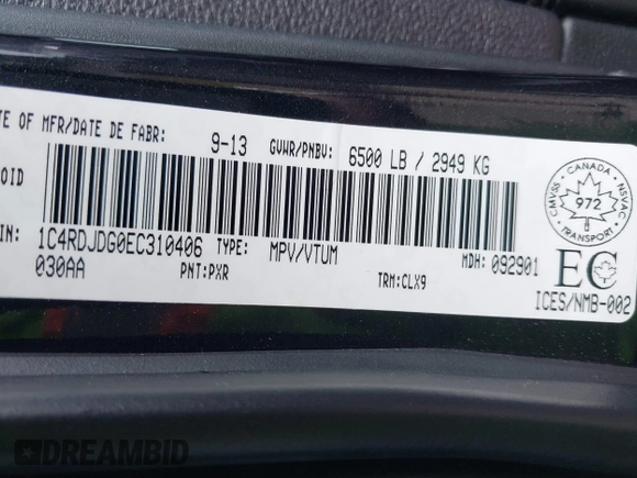 2014 Dodge Durango Limited with VIN 1C4RDJDG0EC310406, listed as a IAAI auction lot 42603939 with 165,439 mi miles and . Bid and sale history available at DreamBid. Image 9.