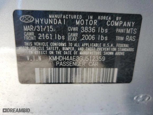 2016 Hyundai Elantra Value Edition with VIN KMHDH4AE3GU512359, listed as a Copart auction lot 88371415 with 0 mi miles and Salvage Title. Bid and sale history available at carsss.com. Image 13.