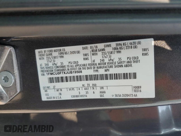 2018 Ford Escape S with VIN 1FMCU0F7XJUB19508, listed as a Copart auction lot 59222395 with Not provided miles and Salvage title. Bid and sale history available at DreamBid. Image 13.