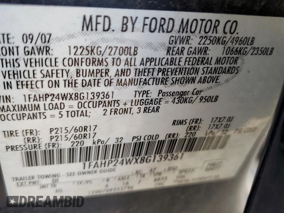 2008 Ford Taurus SEL with VIN 1FAHP24WX8G139361, listed as a Copart auction lot 78180634 with 297,955 mi miles and Salvage Title. Bid and sale history available at carsss.com. Image 13.