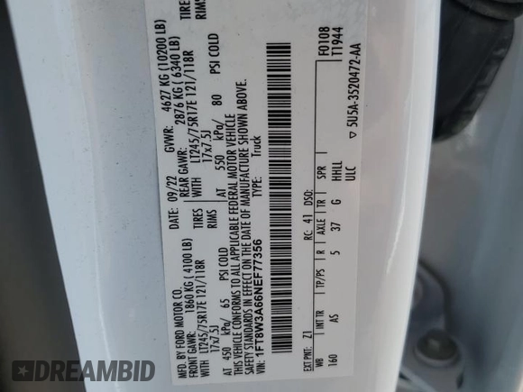 2022 Ford F-350 XL с VIN 1FT8W3A66NEF77356, выставлен на аукционе Copart как лот 61761895 с пробегом 32 113 миль миль и Списание • Salvage title. История ставок и продаж доступна на DreamBid. Изображение 13.