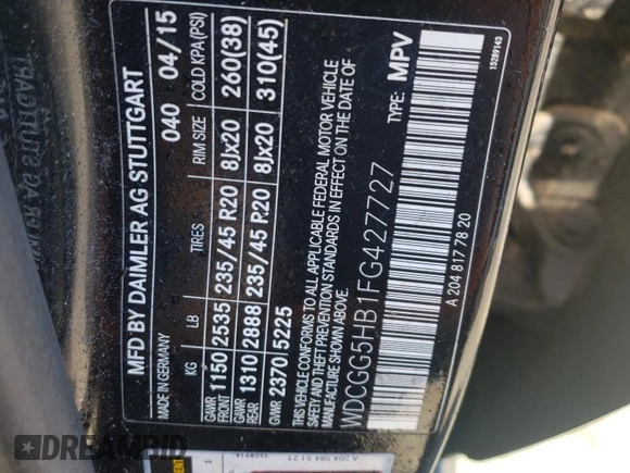 2015 Mercedes-Benz GLK with VIN WDCGG5HB1FG427727, listed as a Copart auction lot 67958104 with 81,622 mi miles and Salvage Title. Bid and sale history available at carsss.com. Image 16.