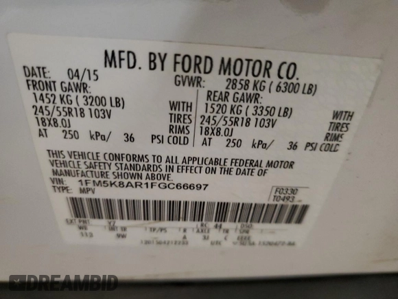 2015 Ford Utility Police Interceptor with VIN 1FM5K8AR1FGC66697, listed as a Copart auction lot 84403744 with 0 mi miles and Salvage Title. Bid and sale history available at carsss.com. Image 14.