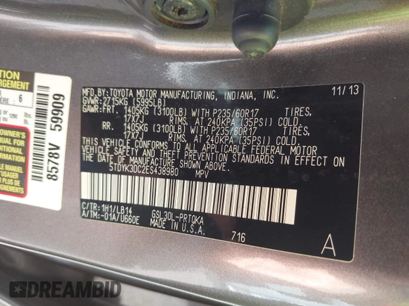 2014 Toyota Sienna XLE with VIN 5TDYK3DC2ES438980, listed as a IAAI auction lot 42067750 with 143,728 mi miles and . Bid and sale history available at DreamBid. Image 9.