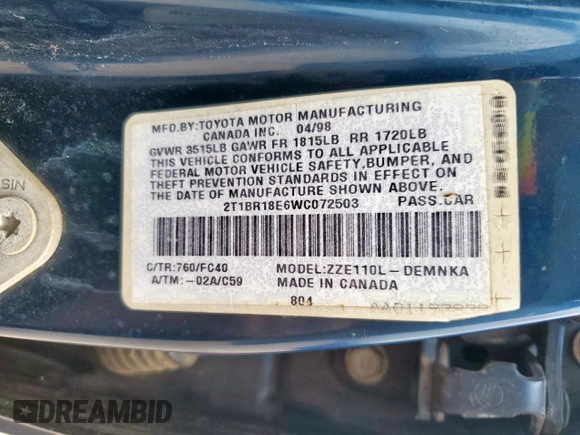 1998 Toyota Corolla VE with VIN 2T1BR18E6WC072503, listed as a Copart auction lot 58751795 with 306,052 mi miles and Salvage title. Bid and sale history available at DreamBid. Image 12.