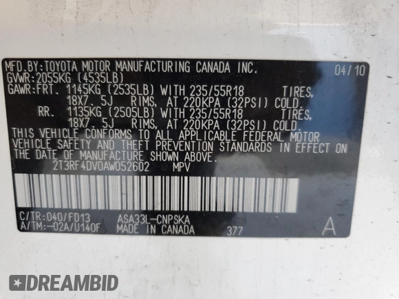 2010 Toyota RAV4 Sport with VIN 2T3RF4DV0AW052602, listed as a Copart auction lot 63991865 with 86,652 mi miles and Clean title. Bid and sale history available at DreamBid. Image 13.