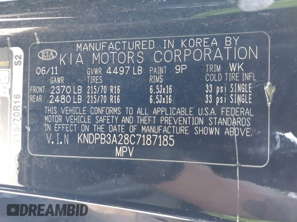 2012 Kia Sportage LX with VIN KNDPB3A28C7187185, listed as a IAAI auction lot 42233774 with 223,235 mi miles and . Bid and sale history available at DreamBid. Image 9.
