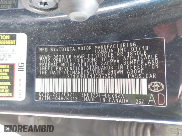2018 Toyota Corolla L with VIN 2T1BURHE1JC052651, listed as a IAAI auction lot 42430958 with 104,664 mi miles and . Bid and sale history available at DreamBid. Image 9.