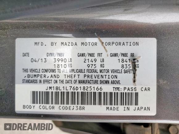 2013 Mazda 3 i Touring with VIN JM1BL1L76D1825166, listed as a Copart auction lot 63293535 with 148,176 mi miles and Salvage title. Bid and sale history available at DreamBid. Image 12.