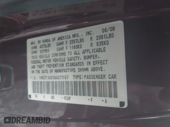 2008 Honda Accord EX-L z VIN 1HGCP36838A077167, wystawiony jako IAAI lot #42294819 z przebiegiem 291 039 mil mil oraz . Historia ofert i sprzedaży dostępna na DreamBid. Obrazek 9.