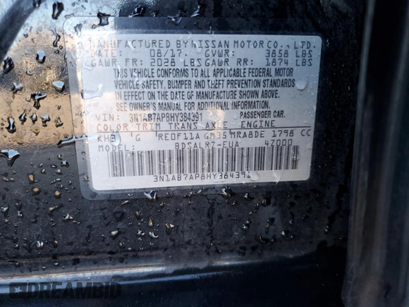 2017 Nissan Sentra S with VIN 3N1AB7AP8HY384391, listed as a Copart auction lot 88369925 with 102,822 mi miles and Salvage Title. Bid and sale history available at DreamBid. Image 12.
