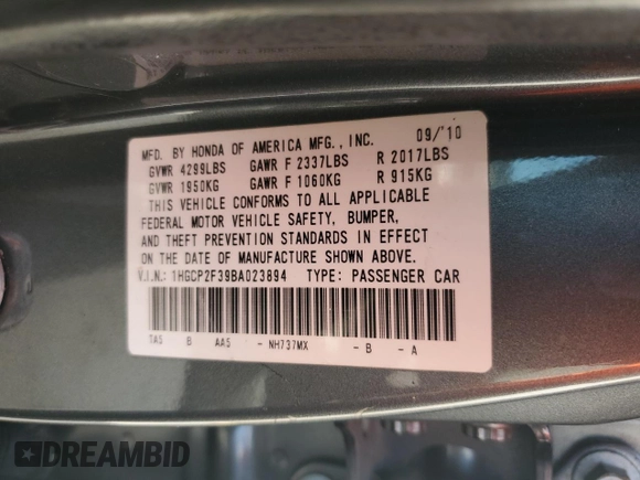 2011 Honda Accord LX with VIN 1HGCP2F39BA023894, listed as a Copart auction lot 57228445 with 262,454 mi miles and Salvage title. Bid and sale history available at DreamBid. Image 13.