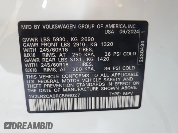 2024 Volkswagen Atlas SE z VIN 1V2LR2CA9RC596027, wystawiony jako Copart lot #46143305 z przebiegiem 12 265 mil mil oraz Szkoda całkowita • Salvage title. Historia ofert i sprzedaży dostępna na DreamBid. Obrazek 13.
