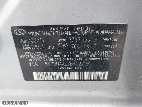 2011 Hyundai Elantra GLS PZEV with VIN 5NPDH4AE7BH022191, listed as a IAAI auction lot 41932987 with 187,381 mi miles. Bid and sale history available at carsss.com. Image 9.