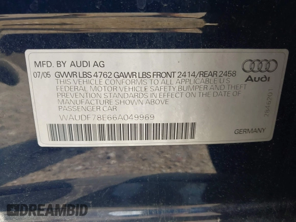 2006 Audi A4 2.0T z VIN WAUDF78E66A049969, wystawiony jako IAAI lot #42434931 z przebiegiem 98 535 mil mil oraz . Historia ofert i sprzedaży dostępna na DreamBid. Obrazek 9.