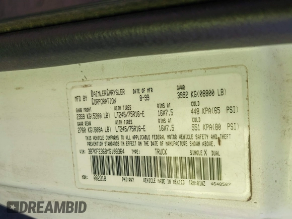 2000 Dodge 2500 with VIN 3B7KF2368YG109364, listed as a IAAI auction lot 41375210 with 316,487 mi miles and . Bid and sale history available at DreamBid. Image 9.