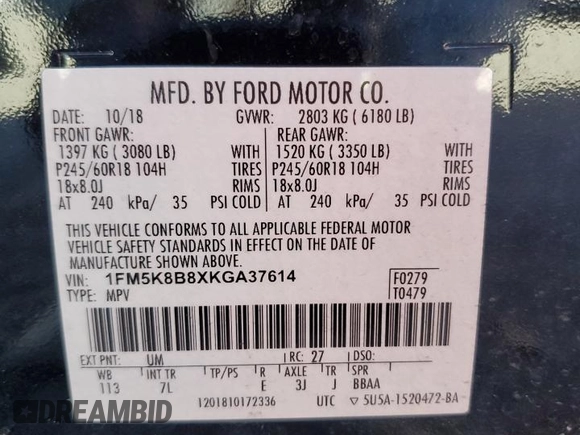 2019 Ford Explorer с VIN 1FM5K8B8XKGA37614, выставлен на аукционе Copart как лот 83800184 с пробегом 75 513 миль миль и На запчасти • Non repairable. История ставок и продаж доступна на DreamBid. Изображение 13.