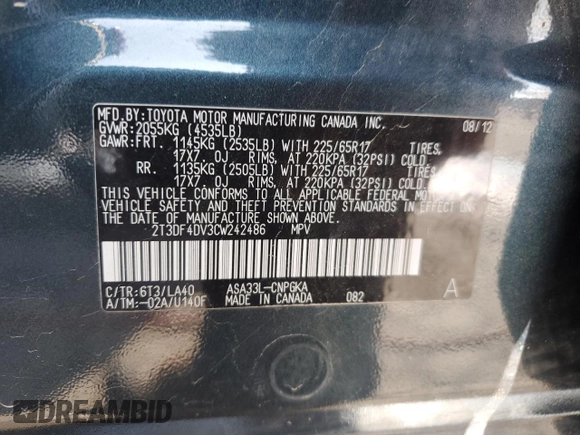 2012 Toyota RAV4 Limited with VIN 2T3DF4DV3CW242486, listed as a Copart auction lot 68318004 with 159,054 mi miles and Salvage Title. Bid and sale history available at carsss.com. Image 14.
