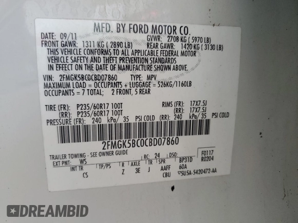 2012 Ford Flex SE z VIN 2FMGK5BC0CBD07860, wystawiony jako Copart lot #50924985 z przebiegiem 171 764 mil mil oraz Nie do naprawy • Non repairable. Historia ofert i sprzedaży dostępna na DreamBid. Obrazek 13.