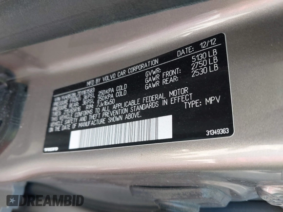2013 Volvo XC70 3.2L with VIN YV4952BL7D1161583, listed as a IAAI auction lot 41893891 with 52,714 mi miles and . Bid and sale history available at DreamBid. Image 9.