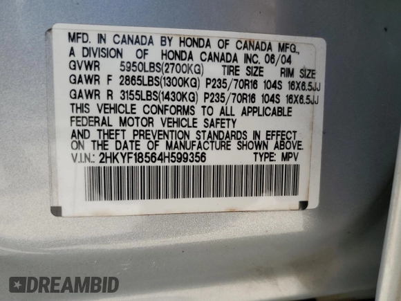2004 Honda Pilot EX with VIN 2HKYF18564H599356, listed as a Copart auction lot 54765585 with 298,692 mi miles and Clean Title. Bid and sale history available at DreamBid. Image 12.