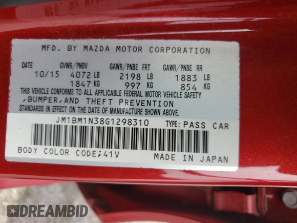 2016 Mazda 3 S Grand Touring z VIN JM1BM1N38G1298310, wystawiony jako Copart lot #54685205 z przebiegiem 70 102 mil mil oraz Szkoda całkowita • Salvage title. Historia ofert i sprzedaży dostępna na DreamBid. Obrazek 12.