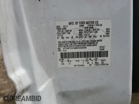 2011 Ford F-150 XL with VIN 1FTNF1CF4BKD32038, listed as a Copart auction lot 54401255 with 227,049 mi miles and Clean title. Bid and sale history available at DreamBid. Image 12.