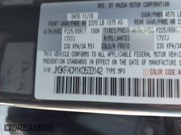 2019 Mazda CX-5 Touring with VIN JM3KFACM1K0533142, listed as a IAAI auction lot 41880181 with Not Provided miles and . Bid and sale history available at carsss.com. Image 9.