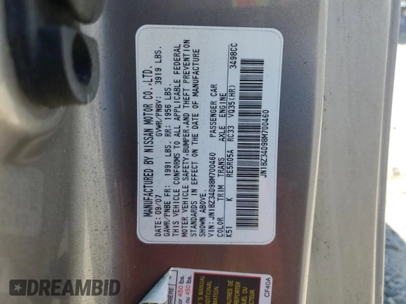 2008 Nissan 350Z Enthusiast with VIN JN1BZ34D98M700460, listed as a Copart auction lot 56045765 with 117,782 mi miles and Salvage title. Bid and sale history available at DreamBid. Image 12.