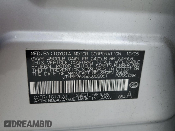2006 Lexus IS 350 z VIN JTHBE262565002061, wystawiony jako Copart lot #53846425 z przebiegiem Nie podano mil oraz Szkoda całkowita • Salvage title. Historia ofert i sprzedaży dostępna na DreamBid. Obrazek 12.