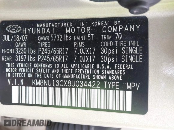 2008 Hyundai Veracruz GLS with VIN KM8NU13CX8U034422, listed as a IAAI auction lot 42327575 with 162,310 mi miles and . Bid and sale history available at DreamBid. Image 9.